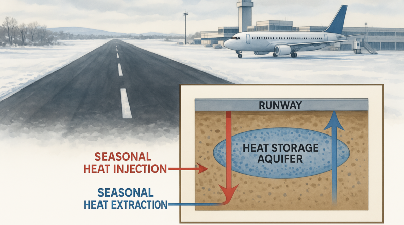 ChatGPT generated panoramic image of Airport Geothermal Use: A winter runway with inset showing heat storage aquifer beneath it and arrows showing seasonal heat injection and extraction.