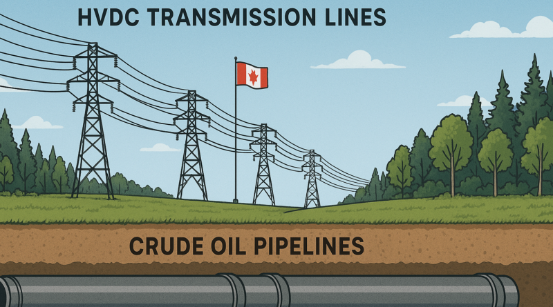 ChatGPT generated panoramic cross-section of a Canadian energy corridor, showing crude oil pipelines below and overhead HVDC transmission lines running in parallel