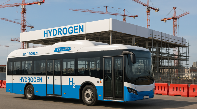 ChatGPT generated panoramic image of a European hydrogen bus parked in front of a large, under-construction refueling station with red safety barriers