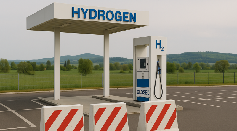 ChatGPT generated panoramic image of an empty hydrogen fueling station in Austria with barriers indicating closure