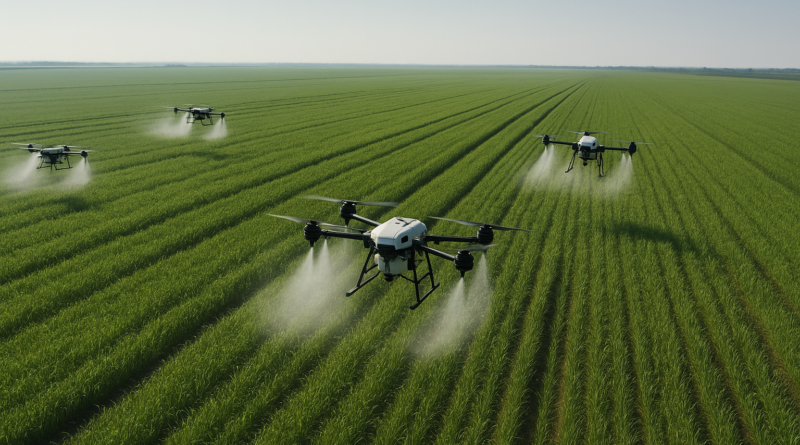 ChatGPT generated panoramic aerial image of drone swarm spraying crops