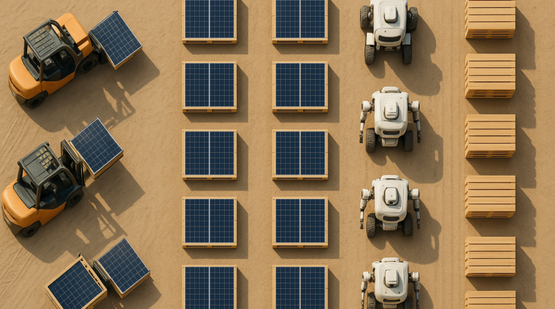 ChatGPT generated landscape top-down view of a logistics chain for solar panel staging, with forklifts, panel pallets, and robots in action—highlighting the choreography of automation