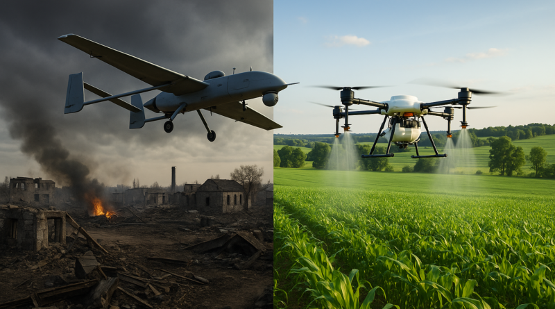 ChatGPT generated split-screen image featuring a Ukrainian military drone (e.g., PD-2) over war-torn landscapes transitioning into a thriving farm landscape with drones spraying fields