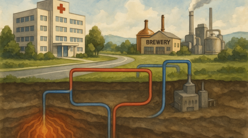 ChatGPT generated landscape artistic view of a hospital, brewery, and industrial facility connected to a moderate-depth geothermal heat network