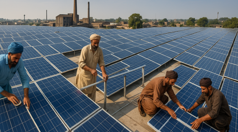 ChatGPT generated panoramic Photo of a Pakistani factory rooftop covered in solar panels Including workers in traditional dress handling solar infrastructure