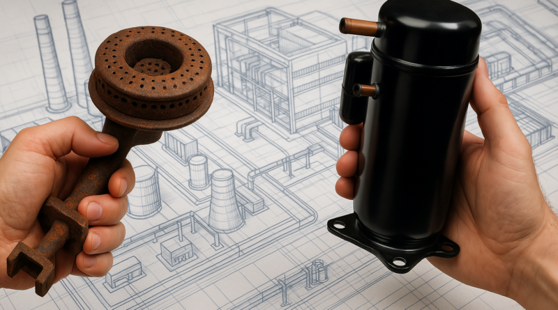 ChatGPT generated panoramic image of two hands, one gripping a rusted gas burner, the other holding a heat pump compressor, both suspended over a blueprint of a modern industrial plant