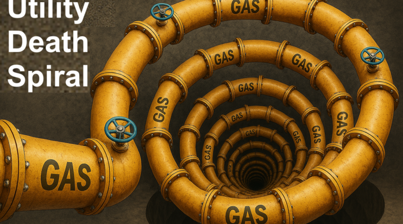 ChatGPT generated panoramic image with a descending spiral of natural gas distribution pipes representing the "utility death spiral"
