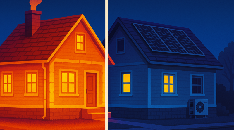 ChatGPT generated image of a fabric first home still pumping fumes beside an electrification first home