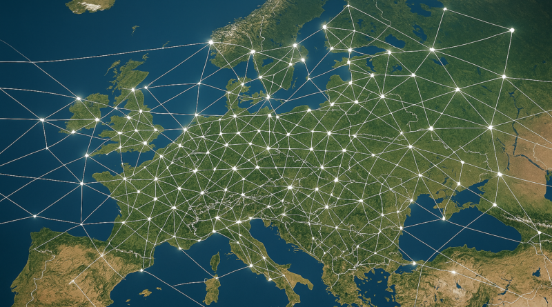 ChatGPT generated panoramic view of Europe with HVDC lines overlaid like a neural network — symbolic of a meshed grid overlay