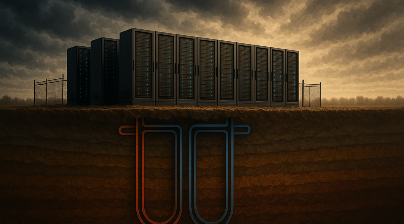 ChatGPT generated panoramic dramatic conceptual graphic depicting data center racks above ground, connected to cooling loops extending deep underground, clearly illustrating the geothermal principle