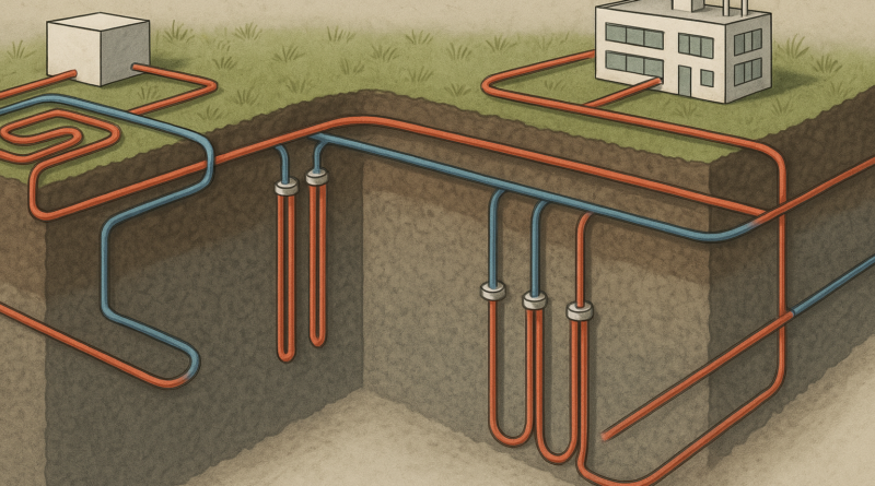 ChatGPT generated: A 2000:1000 cutaway illustration of geothermal piping systems, showing underground infrastructure including looping heat pumps, vertical boreholes, and district heating networks beneath a grassy surface