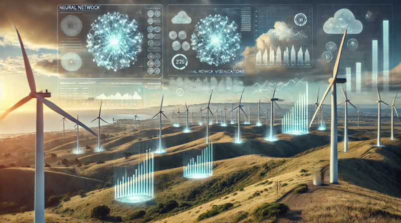 ChatGPT generated panoramic image of a wind farm with AI-driven forecasting overlays