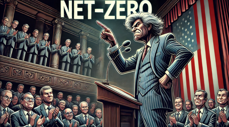 ChatGPT generated panoramic satirical political cartoon of a gray-haired American politician aggressively pointing at "Net-Zero" while oil executives applaud behind him
