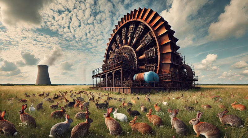 ChatGPT generated panoramic photo of a huge steam generation turbine rusting in a field surrounded by a wide variety of rabbits
