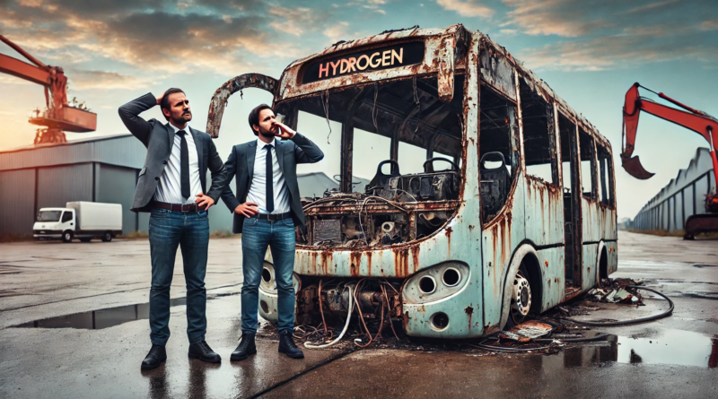 ChatGPT generated panoramic image depicting two professionals standing next to a rusting, abandoned hydrogen-powered bus