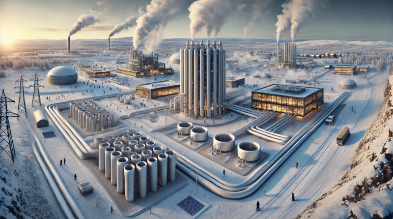 ChatGPT generated panoramic image of a futuristic closed-loop geothermal plant in a cold environment, emphasizing its heating potential