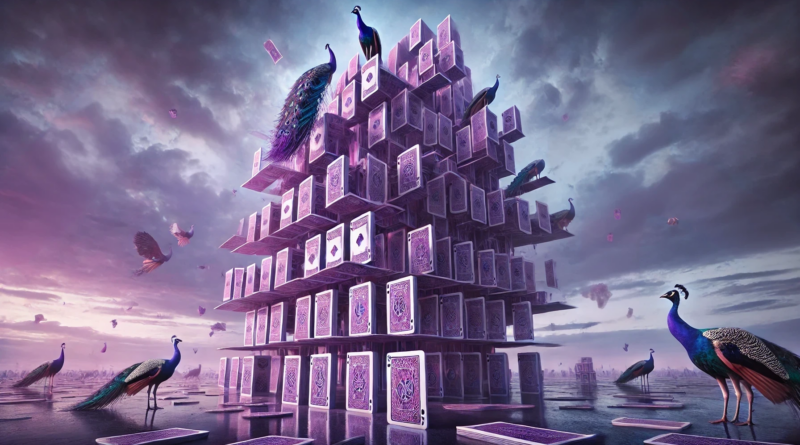 ChatGPT generated a panoramic image of a house of cards with peacocks perched on top