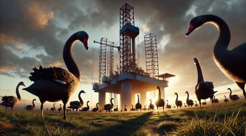 ChatGPT generated panoramic image of a flock of black swans looking suspiciously at a drilling rig