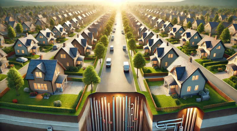 ChatGPT generated panoramic sparrow's eye view of a serene neighborhood heated by ground-source geothermal