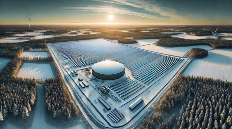 ChatGPT generated panoramic aerial view of Dronninglund’s solar thermal fields and insulated water pit storage, set beautifully against a winter backdrop