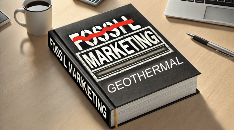 ChatGPT generated panoramic image of a book with "Fossil Marketing" written on it, and "Geothermal" stamped across it