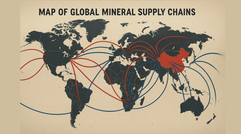 ChatGPT generated panoramic image of a map of global mineral supply chains with red and blue trade routes emanating from China