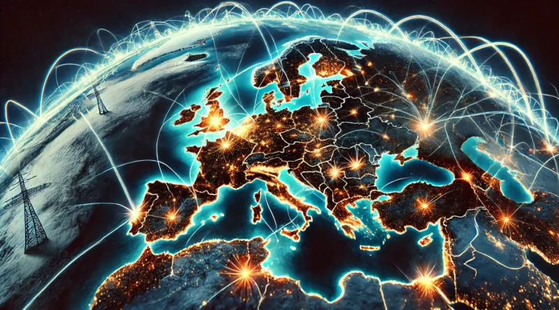 ChatGPT generated panoramic image of Europe with glowing and fragmented transmission lines, symbolizing the continent's interconnected yet fragile energy infrastructure